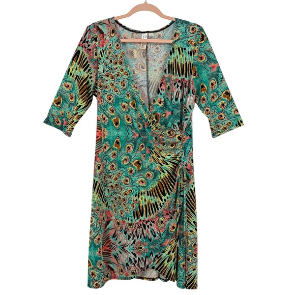 Emma & Michele Dresses & Skirts - Emma & Michele Wrap Dress Women Large Teal Peacock Feather Print Ruched Art Deco